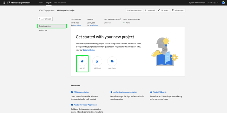 Developer Console screen with the Add API option highlighted.